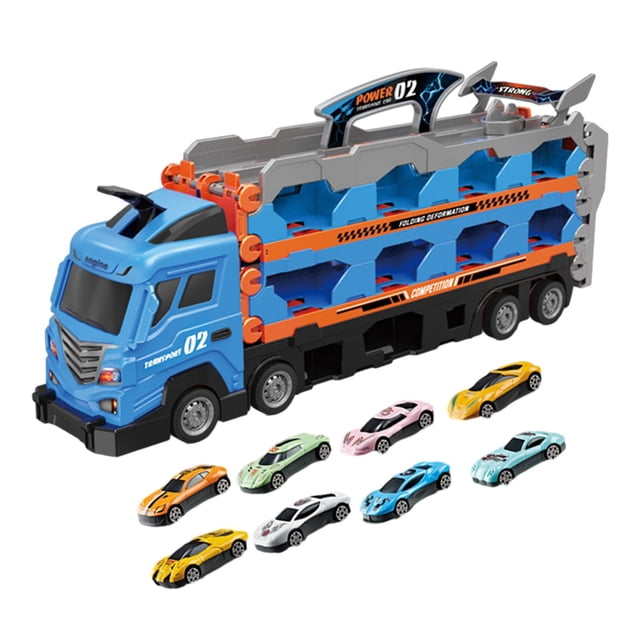 Hauler-Juego de vehículos de lanzamiento, juego de camiones transportadores de coches, camiones de juguete coleccionables para niños, niñas y niños , azul con 8 coches