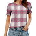 thumbnail image 2 of Echfiprom Womens Shirts Hot Pink Elegant Summer Plaid Crew Neck Comfy Loose Puff Sleeve Short Sleeve Blouse for Ladies, 2 of 6