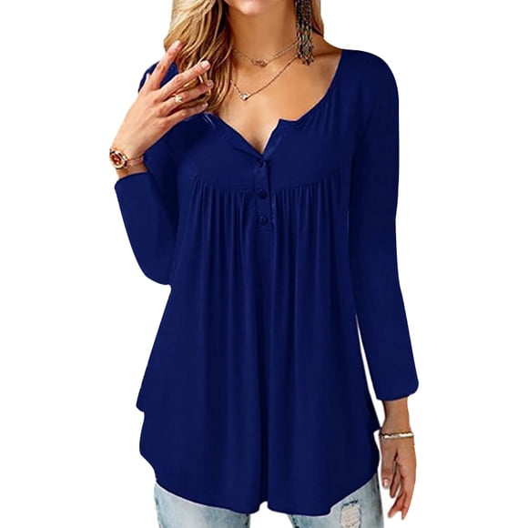 JustVH Women's Solid Henley V-Neck Casual Blouse Pleated Button Tunic Shirt Top