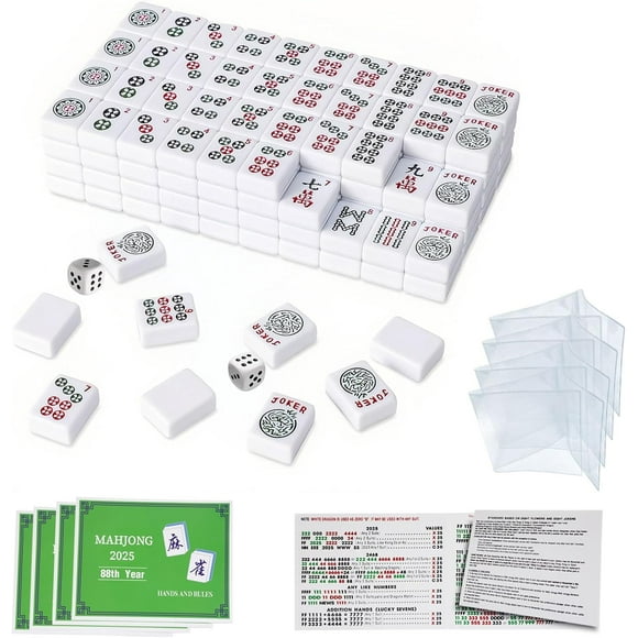 American Mahjong Game Set, 166 White Tiles, 4 Mahjong Cards 2025 with 4 Card Sleeves, Travel Mah Jong Set (Ma Jong, Mah-Jongg, Majiang)