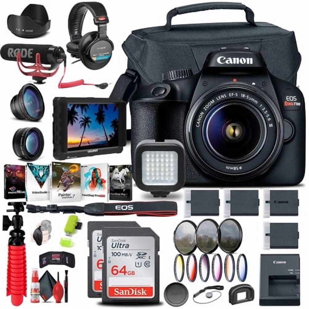 Canon EOS Rebel T100 / 4000D DSLR Camera with 18-55mm Lens + 4K Monitor + Mic + Headphones + 2 x 64GB Card + Filter Kit + Case + Photo Software + 3 x LPE10 Battery + More (International Version)