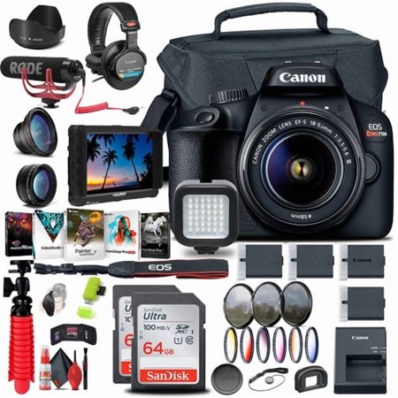 Canon EOS Rebel T100 / 4000D DSLR Camera with 18-55mm Lens + 4K Monitor + Mic + Headphones + 2 x 64GB Card + Filter Kit + Case + Photo Software + 3 x LPE10 Battery + More (International Version)