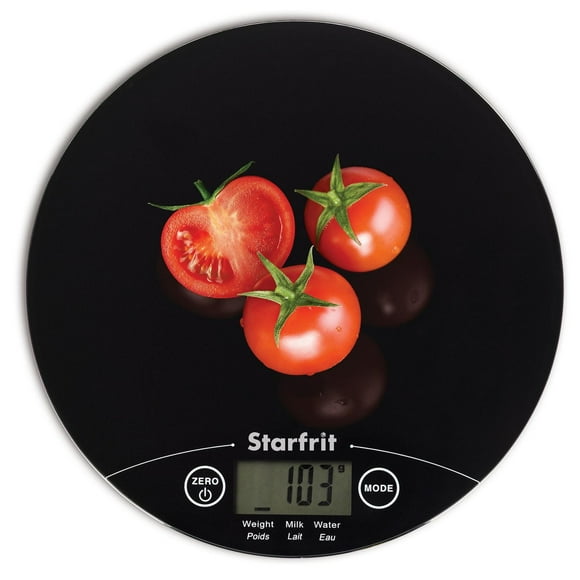 Starfrit Digital Kitchen Scale, Glass Platform, Measures Weight and Liquid Volume, 11 lb / 5 kg Capacity, Black
