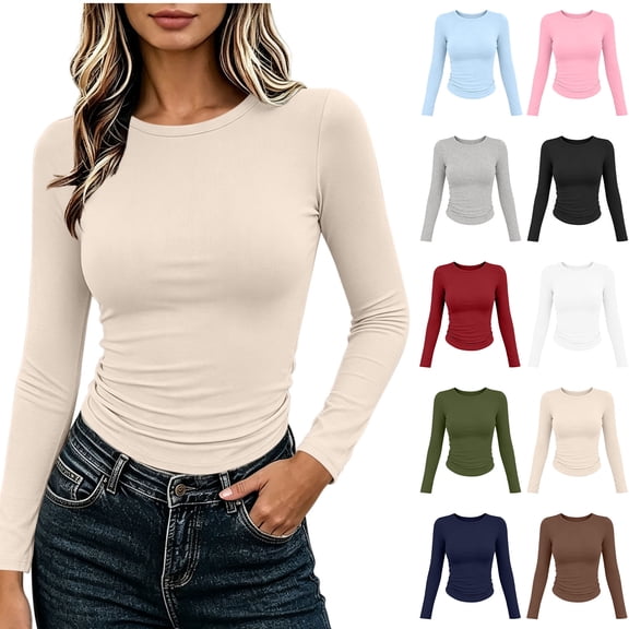 Xaqiouau Women Polyester Fine Rib Knit Solid Crew Neck Side Ruched Fitted Long Sleeve Autumn Winter Slim Layering Base Casual T-Shirt Top Beige M