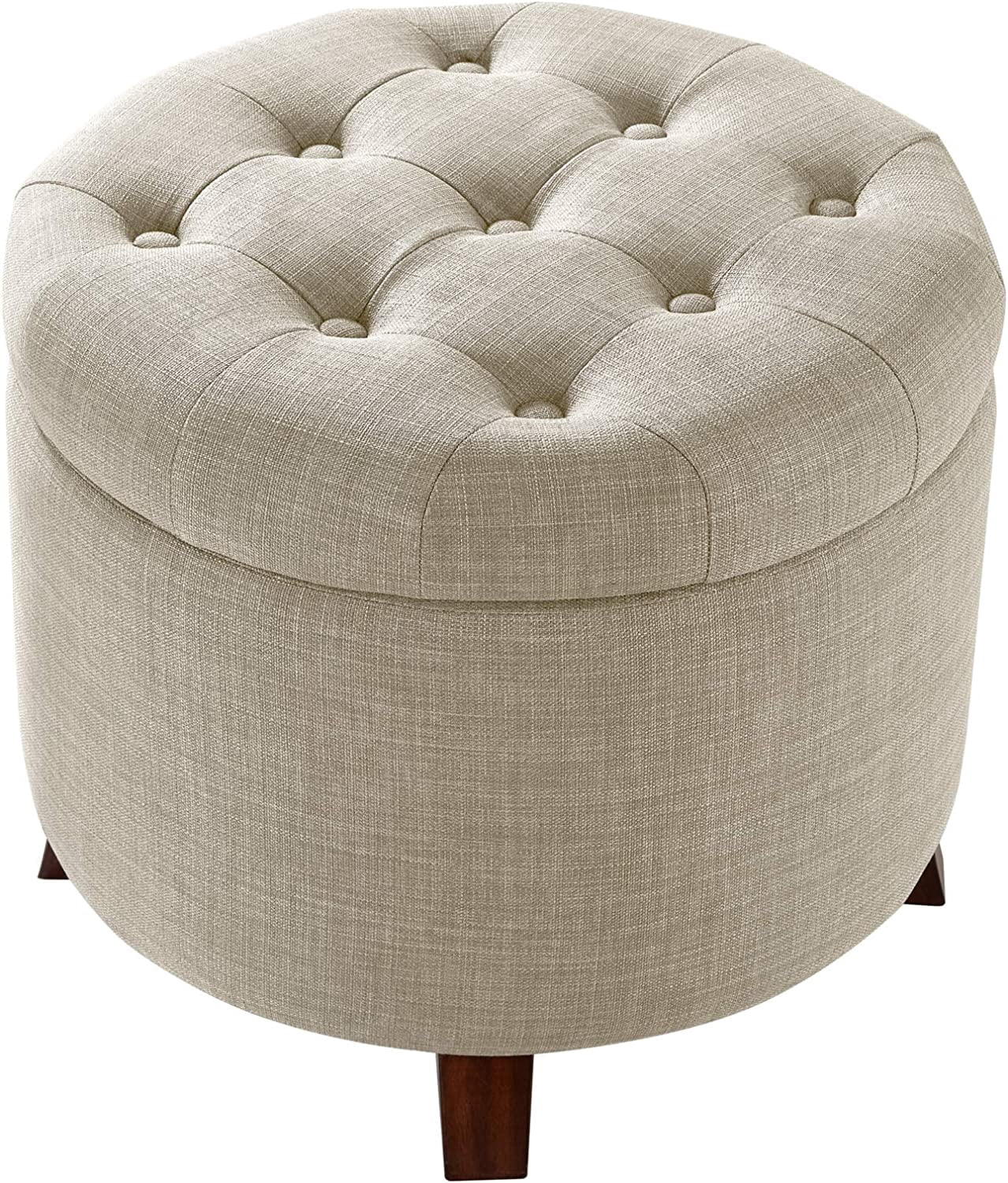 Round Storage Ottoman Foot Rest with Button Tufted Upholstery, Sturdy Linen Fabric, Multipurpose Footstool with Storage for Living Room and Bedroom 20" x 17" Beige