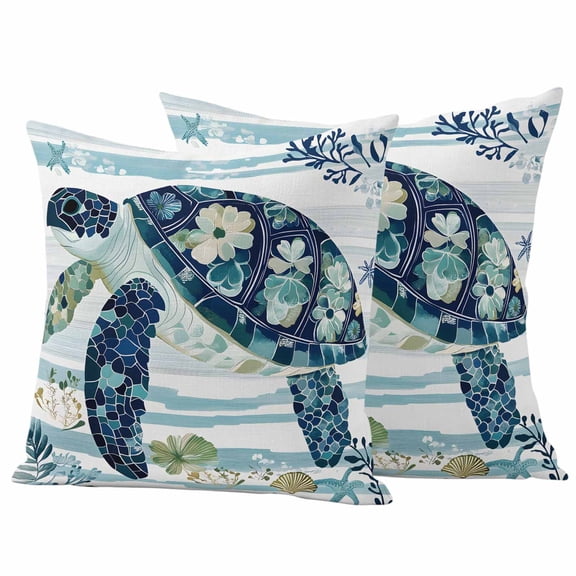 Blue Teal Coastal Outdoor Waterproof Pillow Covers, Sea Turtle Summer Beach Starfish Decorative Square Throw Pillowcase Sofa Cushion Sham for Patio/Couch/Chair, 16"x16" 2 Pack
