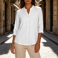 thumbnail image 5 of Perfectbot Women's Collarless Button Down Shirt, 3/4 Sleeve Cotton Linen Tunic Blouse with Curved Hem, 5 of 8