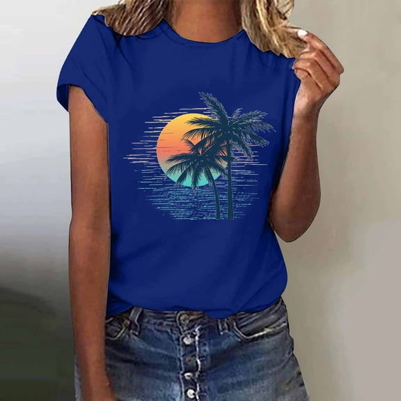Tittly T Shirts for Women Graphic Tees Women's Loose Printed Short Sleeved Shirt Summer Casual Cotton Short Sleeved Shirt Tshirts Shirts Spring Tops for Women Blue L