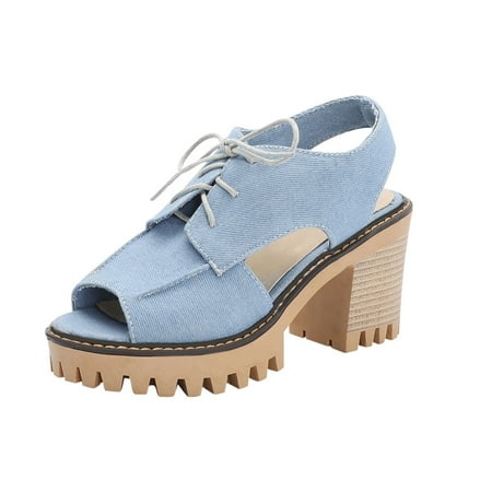

Summer Savings Clearance! SHENGXINY Denim Women Sandals Peep Toe High Heels Platform Shoes Fashion Lace Up Summer Dress Shoes Ladies Office Shoes