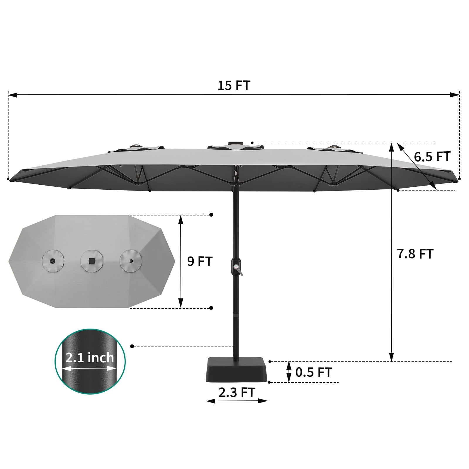 15ft Patio Umbrella with Base,Large Outdoor Double-Sided Rectangle Umbrella with Crank Handle, Market Umbrella for Poolside Garden Deck Backyard Beach Pools
