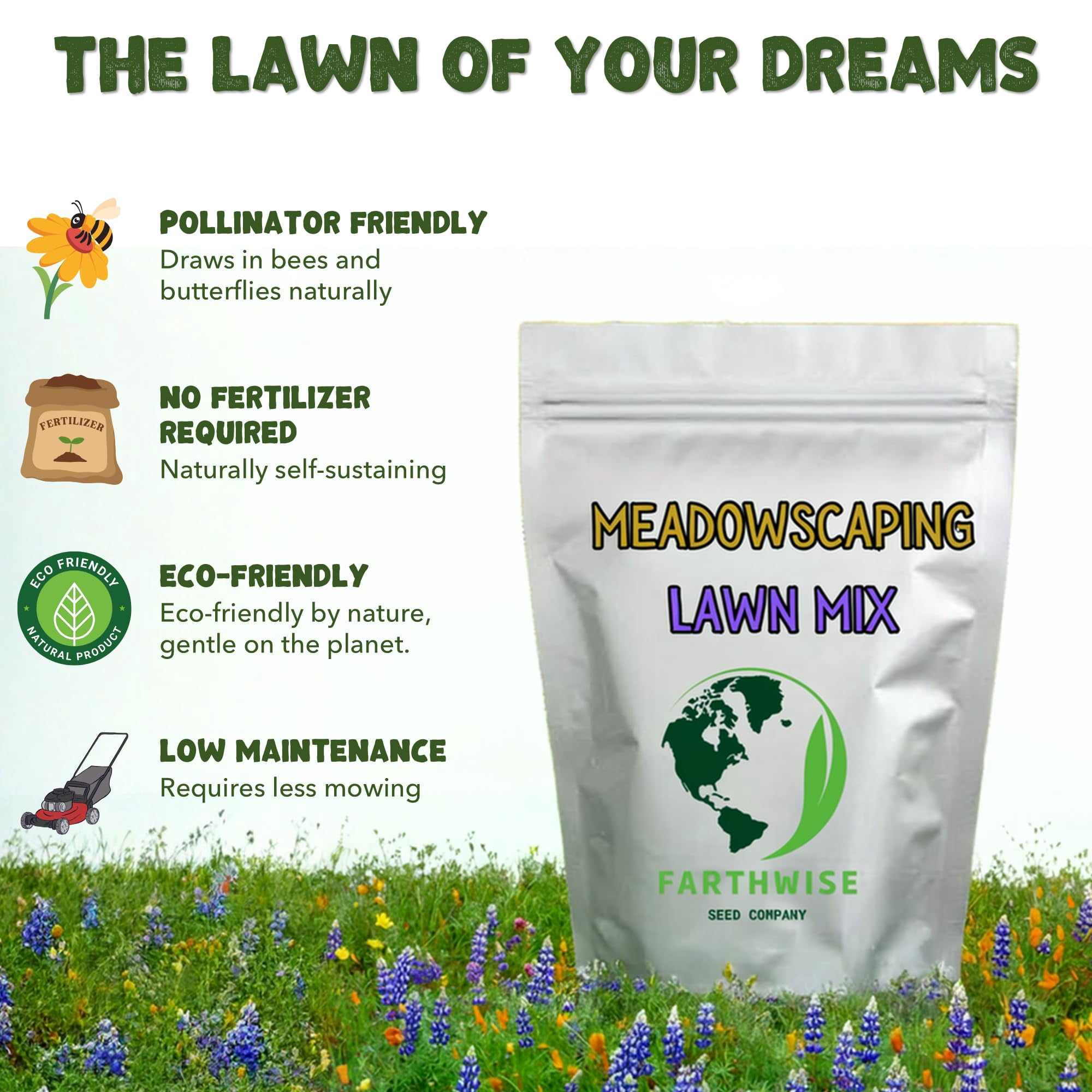 Earthwise Meadowscaping Alternative Lawn Seed Mix, 5 lb Native Blend for Low-Maintenance Lawns, Covers 10000 Sq ft