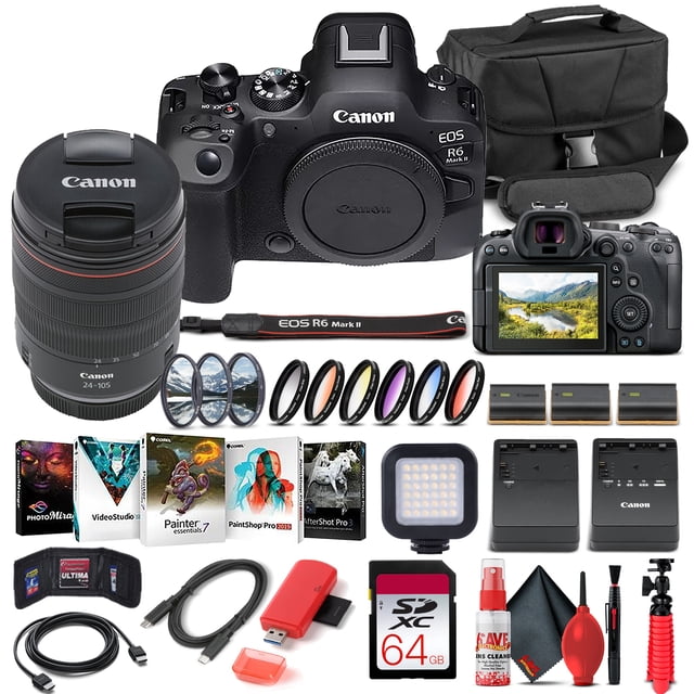 Canon EOS R6 Mark II Mirrorless Camera with 24-105mm Lens, 64GB SD Card, Case & Software