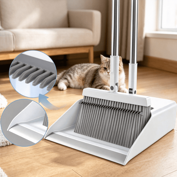 Broom and Dustpan Set,Teeth Clean Hair Long Adjustable Handle Broom Dustpan Combo for Home Kitchen Office,White