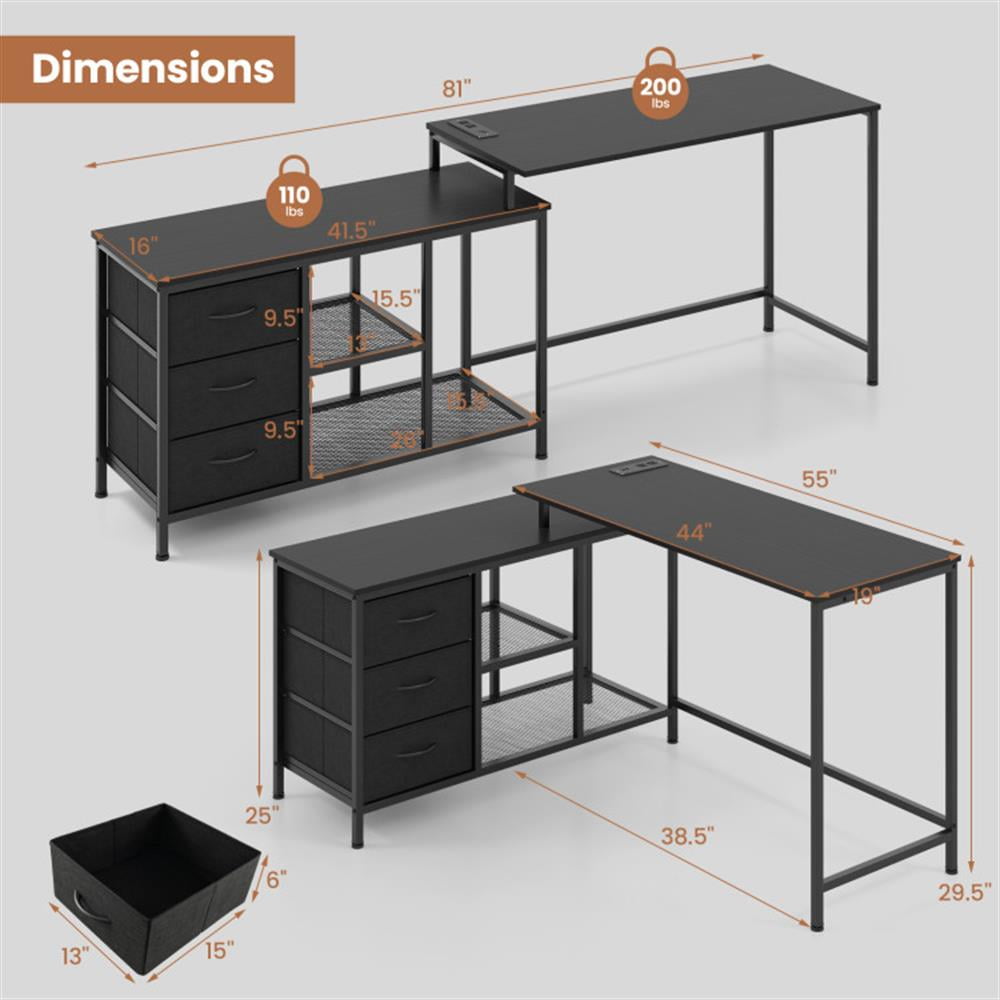 Demi Bonn L-shaped Computer Desk with Power Outlet for Working Studying Gaming, Small Home Office Desk Study Writing Table, Black