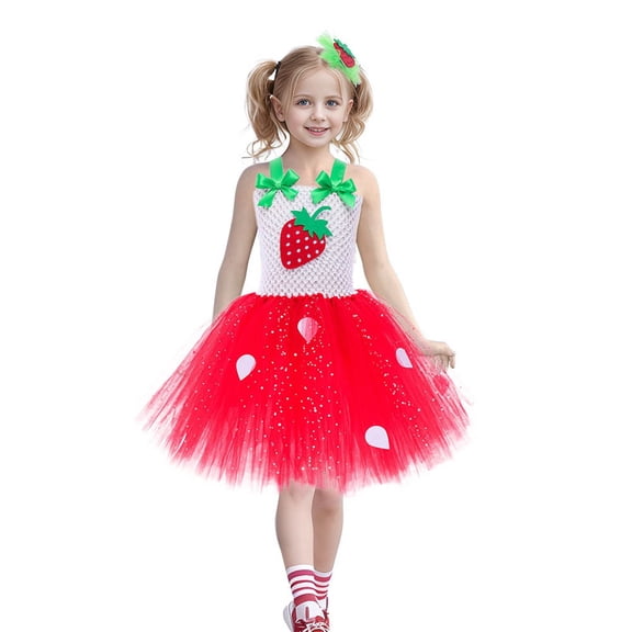 Costume for Girls Kids Sleeveless Dress Up Outfit Cake Strawberry with Headband, Party Carnival, 8-9 Years