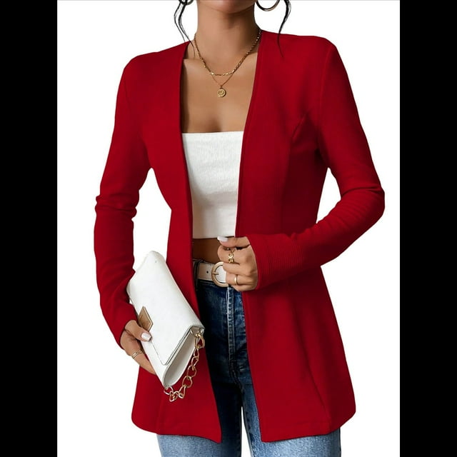 Chaqueta de Traje Informal de Oficina para Mujer, de Larga, con un Botón y Abertura Frontal, con Diseño de Gofre Rojo M