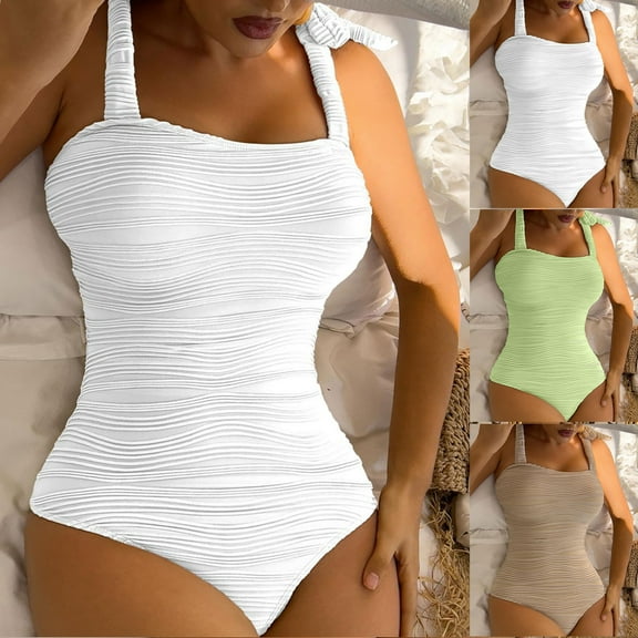 Summer Promotion UTSJKR Womens One Piece Swimsuits 2025 Slimming High Cut Swimwear Textured 1 Piece Adjustable Spaghetti Straps Bathing Suits Khaki L