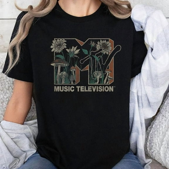 MTV Music Television Wild Flower Mushrooms MTV Logo T-Shirt Men's And Women's Graphic Tee 100% Cotton by TBun, Full Sizes S-5XL
