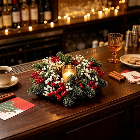Christmas Candle Ring Decor, Artificial Greenery Wreath, Mini Candle Holder Garland, Holiday Table Centerpiece Accent for Dining Room Mantel Shelf Party