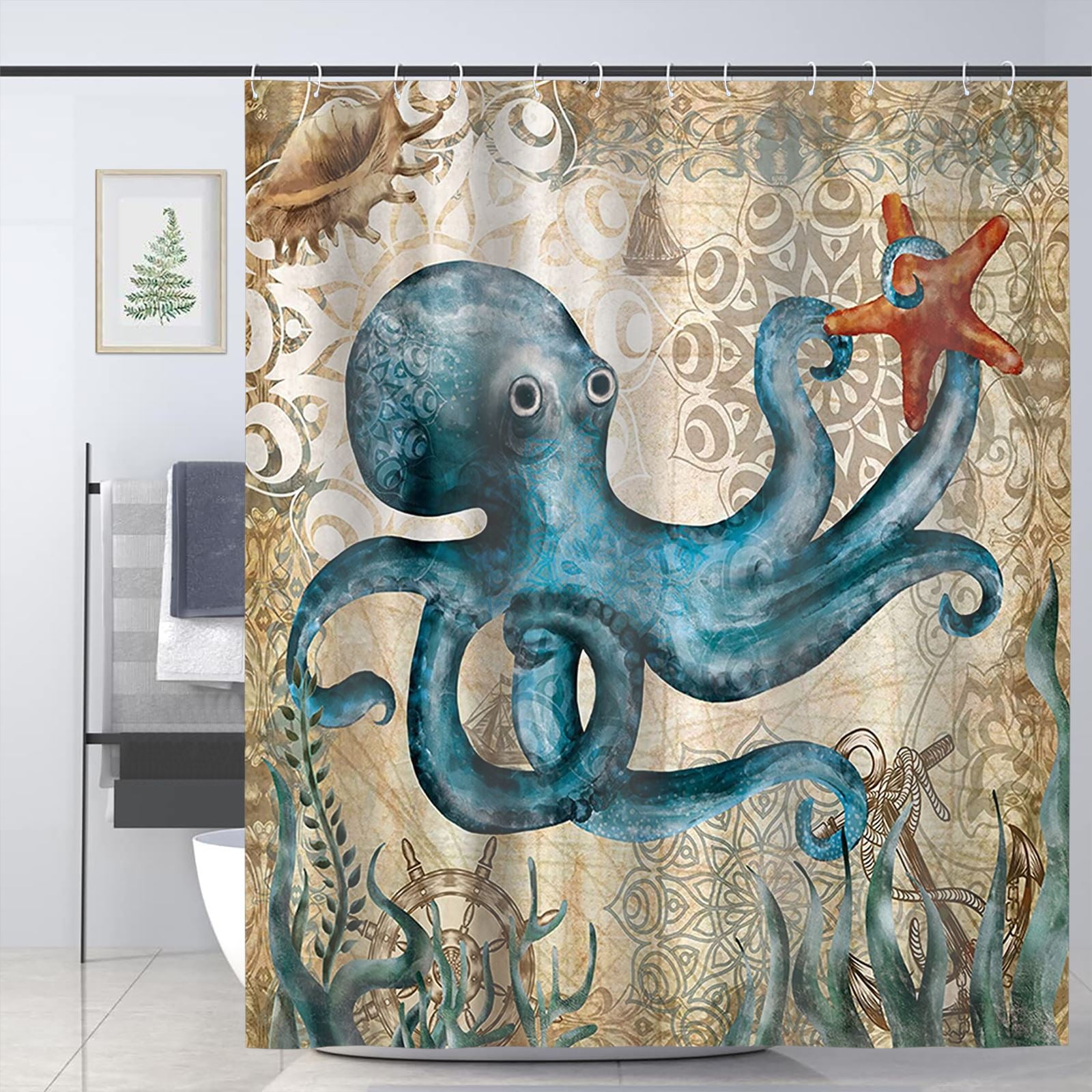 Funny Blue Ocean Creature Shower Curtains Sets Waterproof Bath Curtains for Bathroom Beach Theme Decor 72' x 72' with 15 Hooks