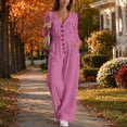 thumbnail image 6 of TEAJOPSUU Women's Fall Winter Cargo Jumpsuits Casual Long Sleeve V Neck Button Down Wide Leg Jumpsuits with Pockets Chest Flap Pockets Pink, 6 of 8