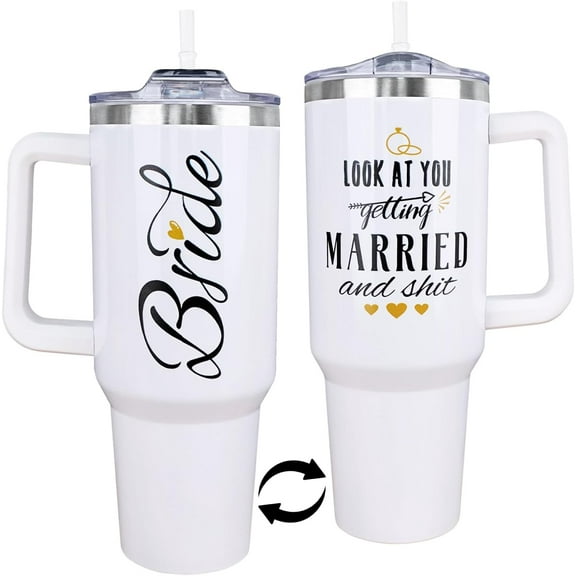 Bride Tumbler 40 Oz, Bride Gifts for Wedding Day, Bachelorette Party Gifts for Bride, White Bride Cup Water Bottle Tumbler with Straw and Lid, Stainless Steel 40 Oz Tumbler with Handle and Straw