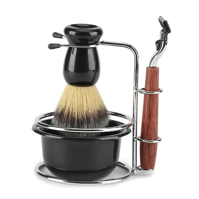 Kit de Rasage, Jadeshay 4 Pcs Support de Brosse de Rasage Kit de Rasage 3 Bords Lame de Rasage Rasoir + Support en Acier Stainess + Ensemble Brosse + Bol, Outil de Nettoyage Manuel pour Hommes Ensemble Cadeau