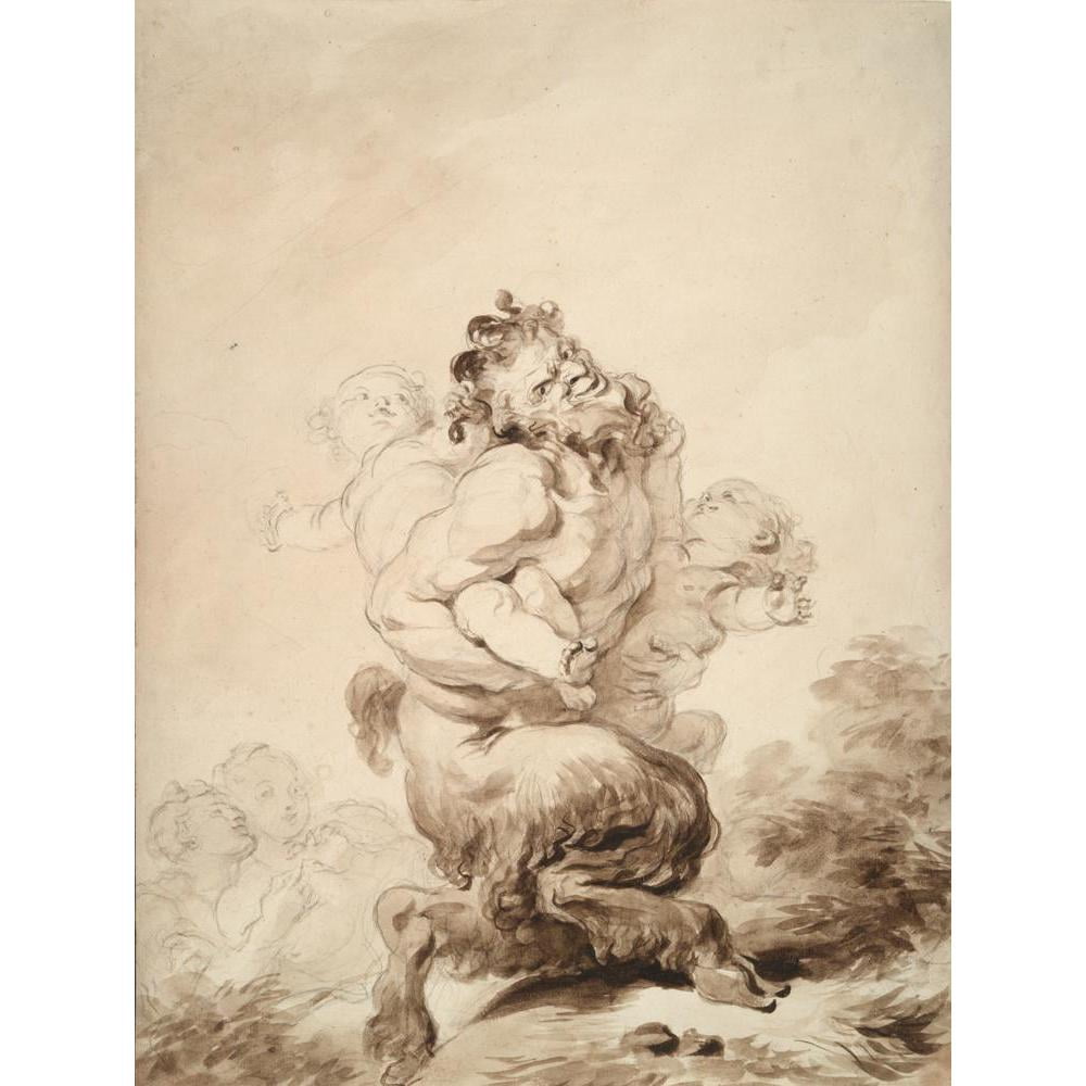 Jean-Honoré Fragonard 12x14 Black Modern Framed Museum Art Print Titled - A Satyr Teased by Two&nbsp;Putti (ca.&nbsp;1774-80)
