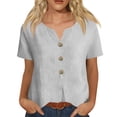 thumbnail image 5 of Women's Casual Short Sleeve V-Neck Button-Down Top - Loose Fit Linen-Blend Blouse for Summer, Everyday Wear & Vacation Light Gray L, 5 of 6
