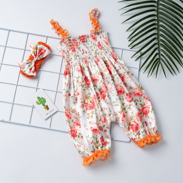 EGNMCR Toddler Baby Girls Flower Print Lace Bow Sling Clothes Cute Bloomers Jumpsuit Kid Rompers