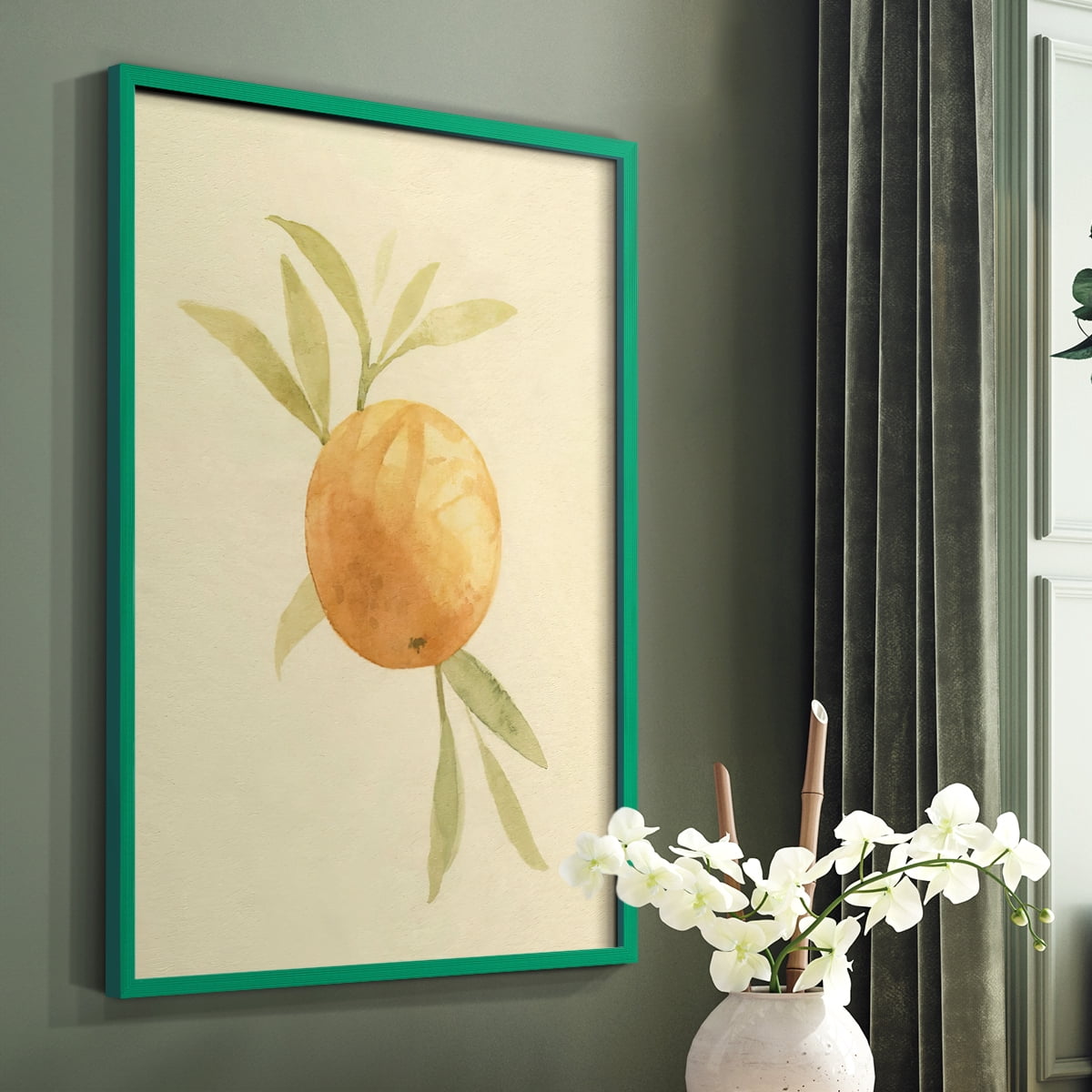 Dappled Oranges I Framed Print in Green Solid Wood Framed Print No Nail Hanging