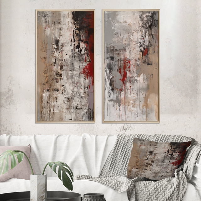 Designart "Fading Passion Retro Beige and Red Abstract" Abstract Painting Framed Wall Art Set Of 2 - Modern Red Frame Gallery Set For Office Decor