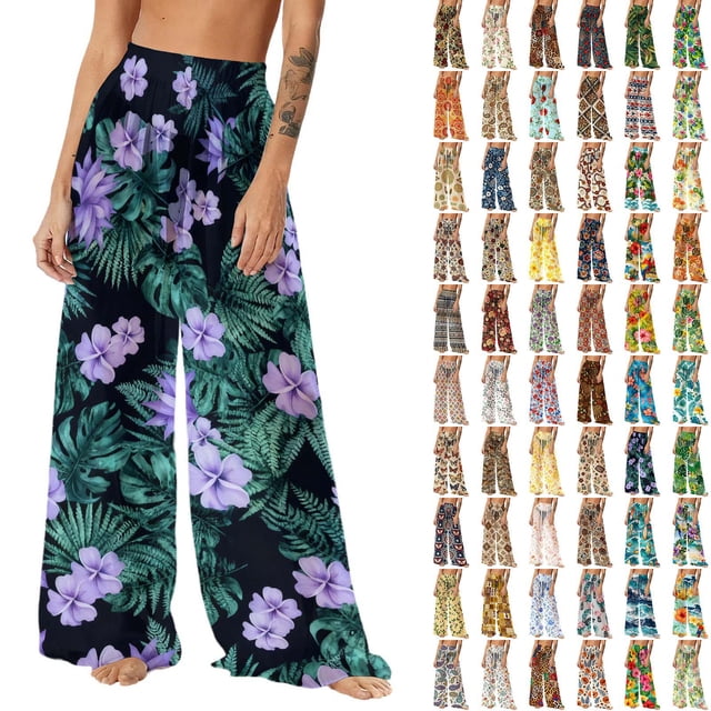 Pincandy Women Mesh Boho Beach Pants See Through Sheer Swimsuit Bikini Bottom Cover up Party Elastic High Waist Wide Leg Pants