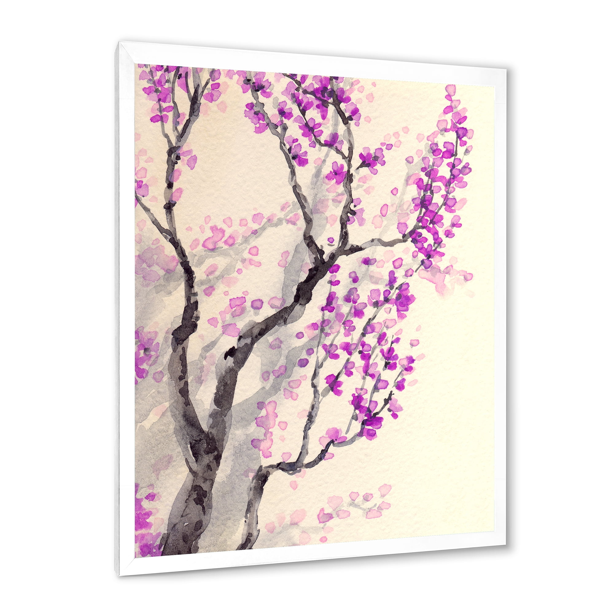 Abstract Spring Purple Flowers On Tree Branches 24 in x 32 in Framed Painting Canvas Art Print, by Designart