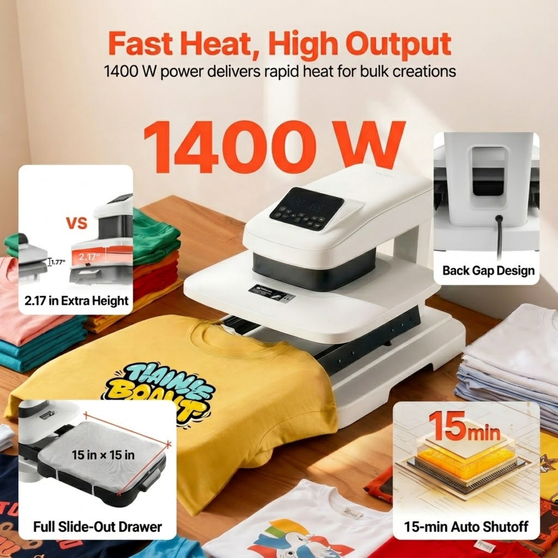 15x15 Auto Heat Press Machine for T-Shirts, Sublimation & Vinyl, Auto Release with Adjustable Pressure, Digital Display, White