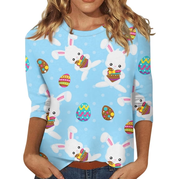 OIOLOYJM Womens Easter Shirts Happy Rabbit Eggs Graphic Shirts Crewneck 3/4 Sleeve T-Shirts Holiday Plus Size Lightweight Blouses Army Green M