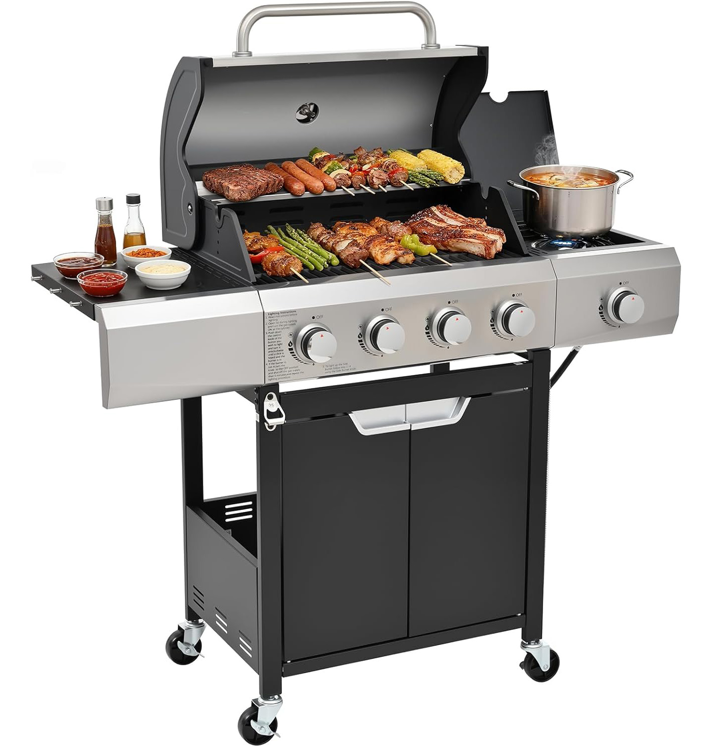 4 Burner BBQ Propane Gas Grill with Side Burner, Outdoor Stainless Steel 46790 BTU Patio Garden BBQ Grill with Lid, Wheels for Camping, Outdoor Cooking