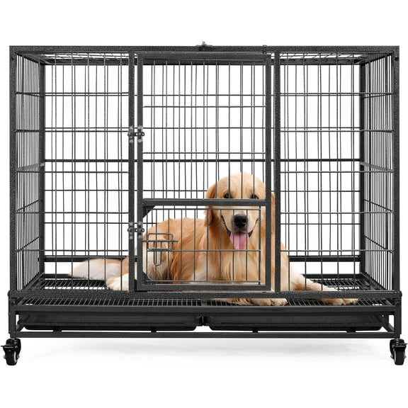 REKHH 42-inch Dog Crate Heavy Duty Metal Dog Crate for The House Indoor Dog Kennel for Small/Medium/Large Dogs w/Double Doors & Locks & Double Tray & Lockable Wheels Pet Cage Black