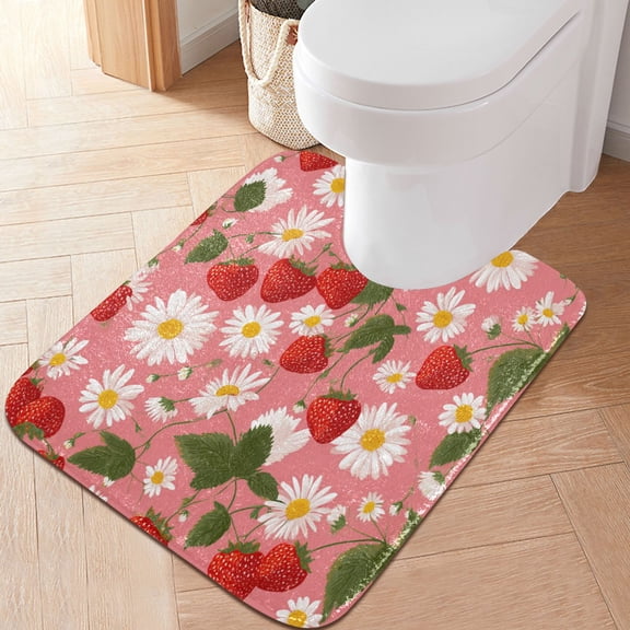 RMDQTR 20" × 24" U Shape Bathroom Rugs Plush Toilet Base Mat Soft Rugs Non Slip Absorbent Strawberries and Flowers