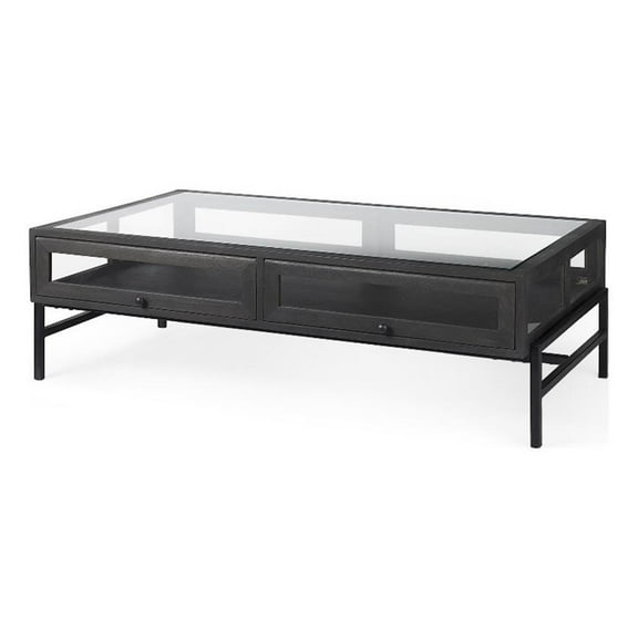 Arelius Rectangular Glass-Top Brown Wood Black Metal Base Coffee Table
