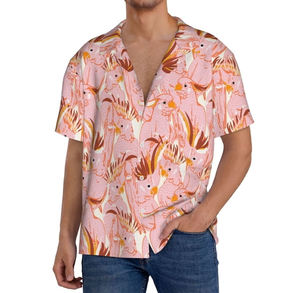Hirioo Pink Cockatoo Birds for Men's Cuban Collar Short Sleeve Shirt Button Down Shirt Beach Summer Shirts Wedding Vacation Shirts-Large
