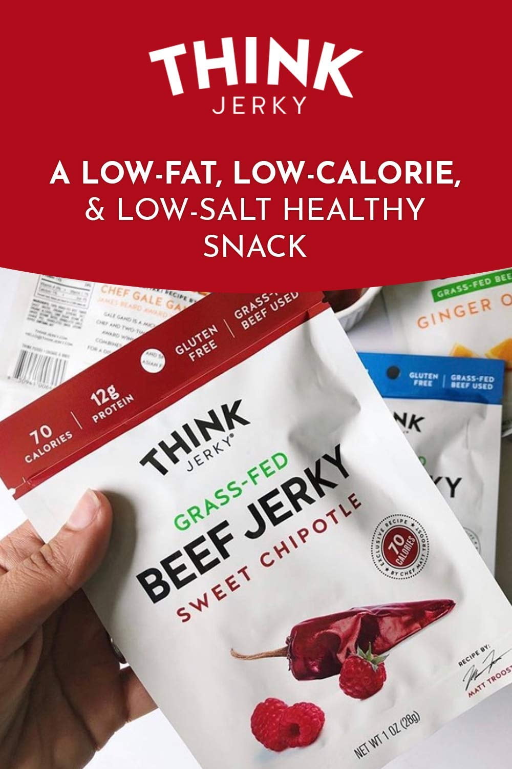 Think Jerky Sweet Chipotle Beef Jerky, Grass-Fed High Protein Beef Jerky, Gluten Free, No Antibiotics or Nitrates, Healthy Chef Crafted Recipe, Low Calorie and Low Fat - 2.2 oz Bags, 4 Pack