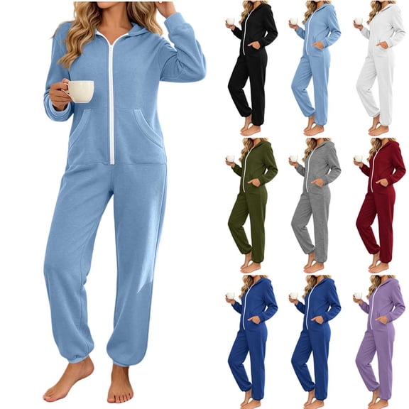 VBVC Women's Zip Up Hoodie Onesie Jumpsuit , Casual Long Sleeve Romper For Women , Ladies' Soft Fall Winter Pajamas with Pockets, S-2XL