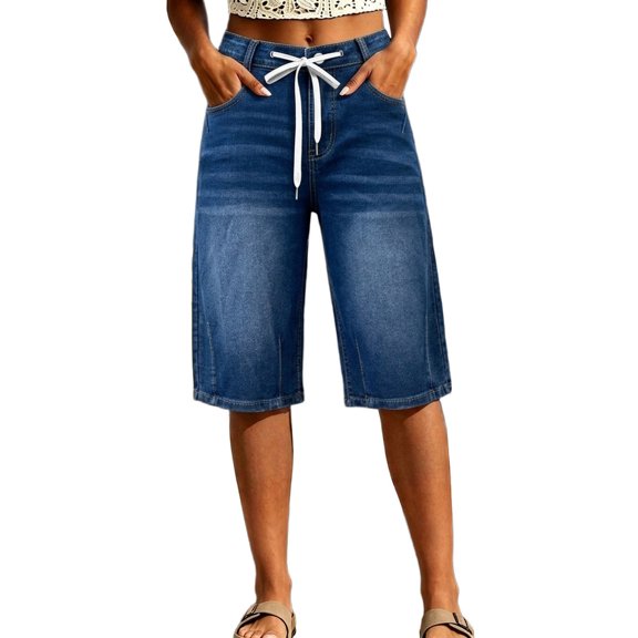 Uaswgudfs Women's High Waist Denim Shorts Drawstring Wide Leg Knee-Length Casual Summer Jeans