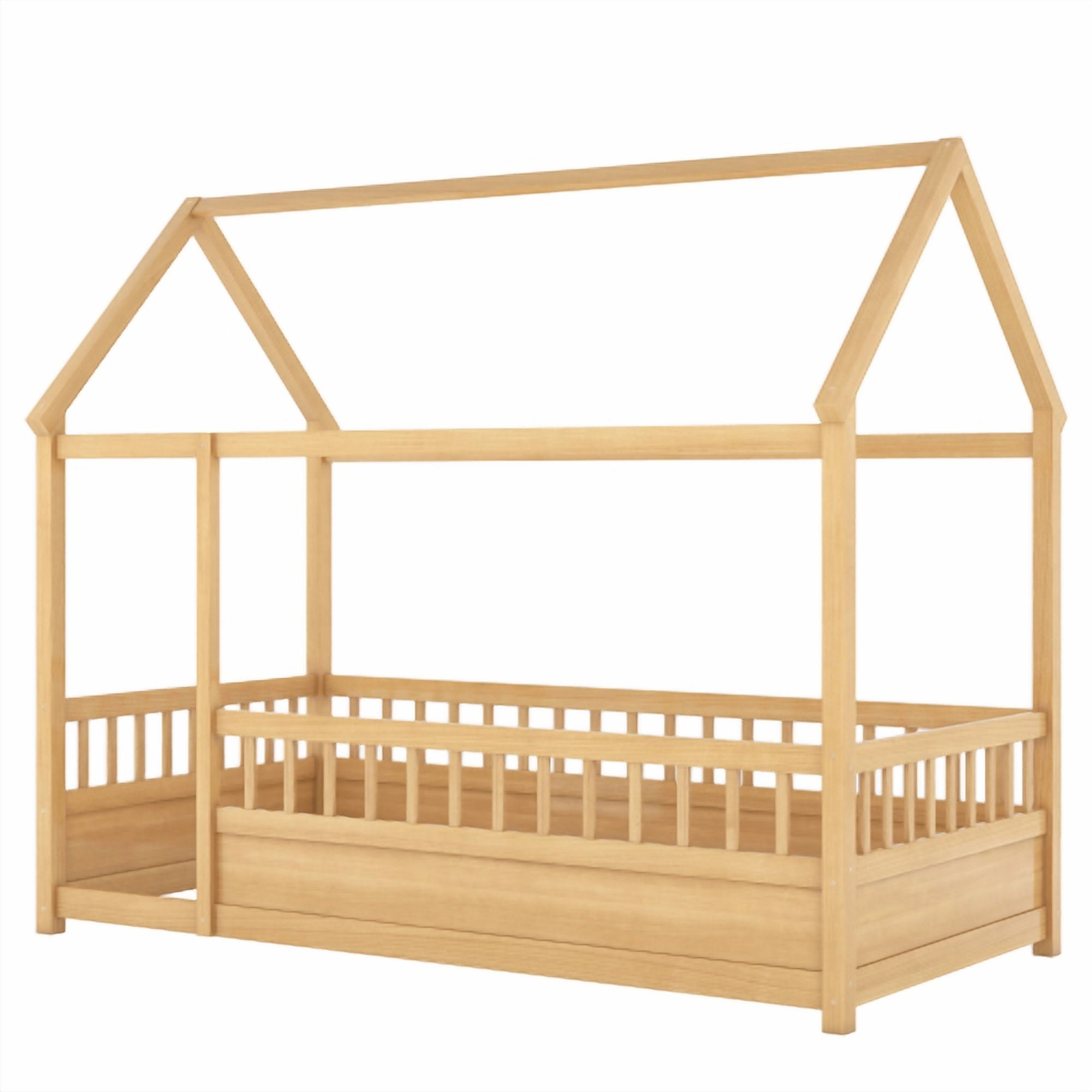 Bellemave Twin Size House Floor Bed, Wooden Twin House Bed with High Fence, Safe Playhouse Montessori Floor Bed with Fence, Natural