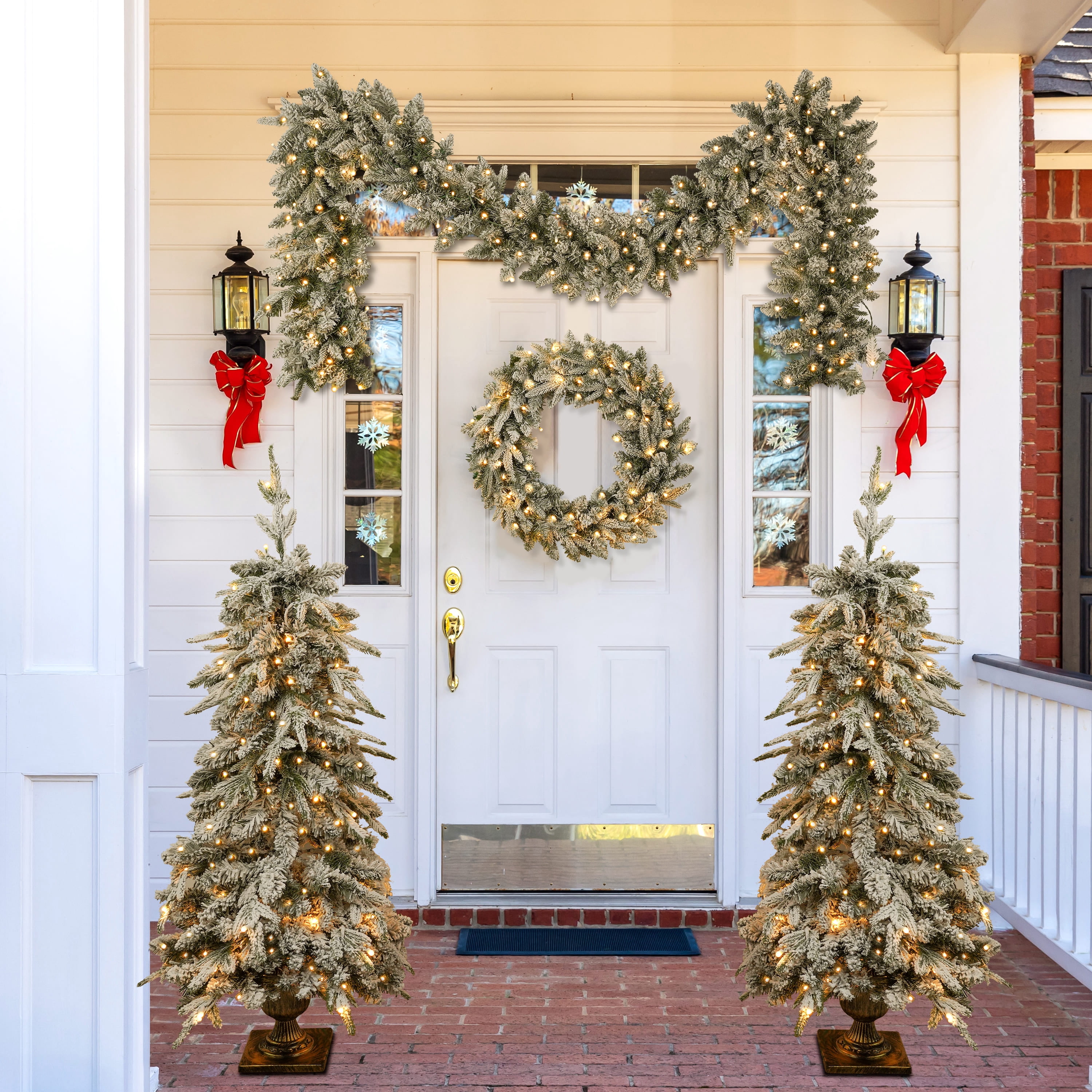 4-Piece Prelit Christmas Tree Set 330 Warm White LED Lights 840 Tips Entrance Tree Garland Wreath Indoor Decor