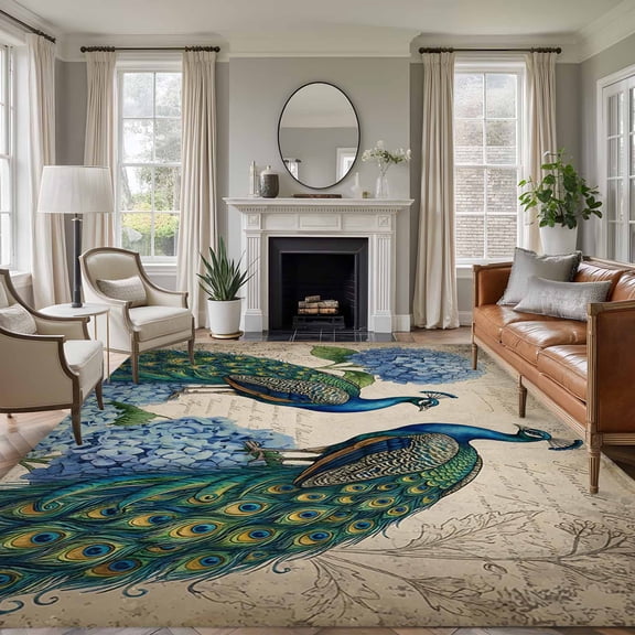 Vintage Peacock Area Rugs 5'x7', Washable Small Throw Rugs for Laundry Room Playroom, Blue Floral Animals Feather Retro Art Indoor Outdoor Rug Non-Slip Low Pile Carpet Runner Reversible Floor Mats