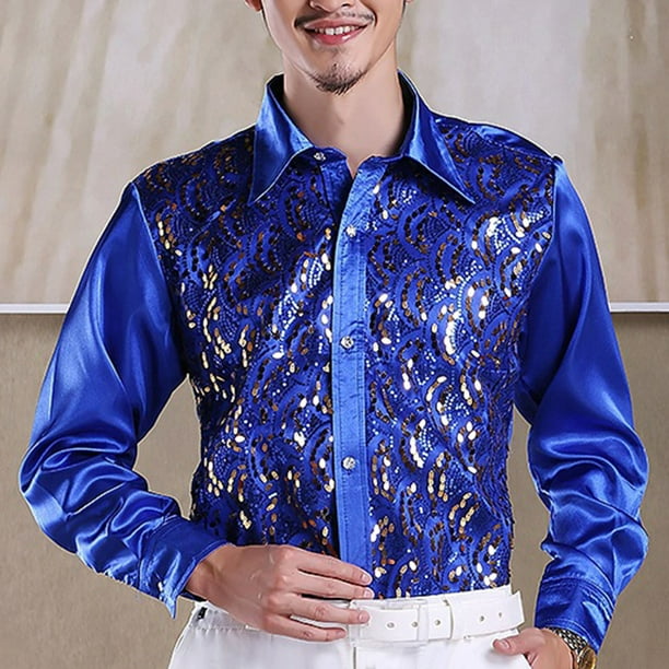 pstuiky camisetas de manga larga para hombre, Camisa de solapa de manga larga con lentejuelas de color liso para hombre top de hombre m