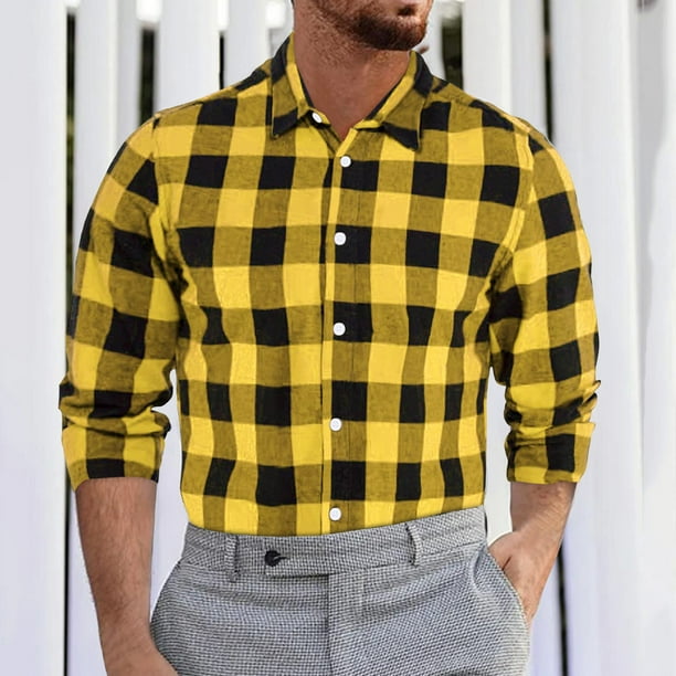 VOSS Men Fashion Casual Fashionable Thin Stripe Slim Lightweight Breathable  Long Sleeve Button Down Plaid Lapel Formal Shirt 