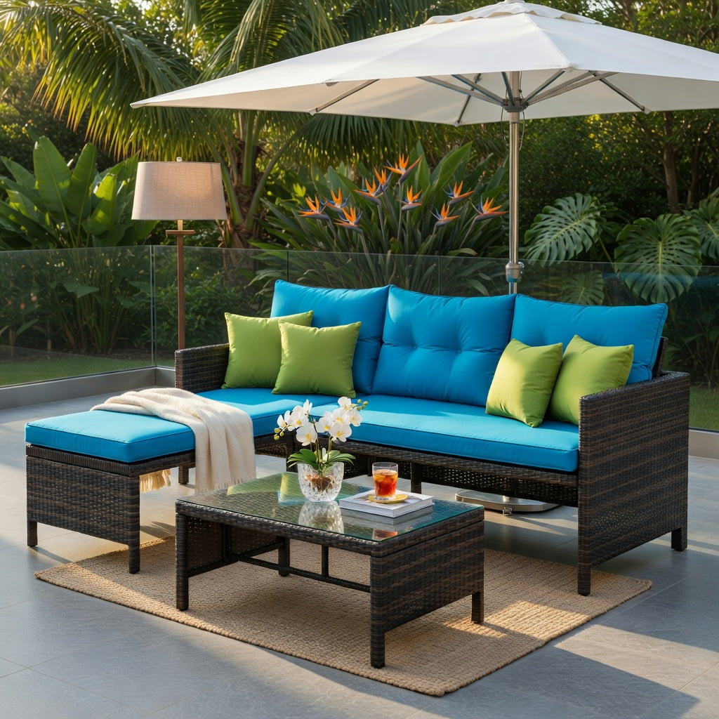 Hommoo Outdoor Wicker Patio Sofa Set, L-Shaped 3-Piece Rattan Sectional with Tempered Glass Coffee Table & Machine-Washable Cushions, Turquoise